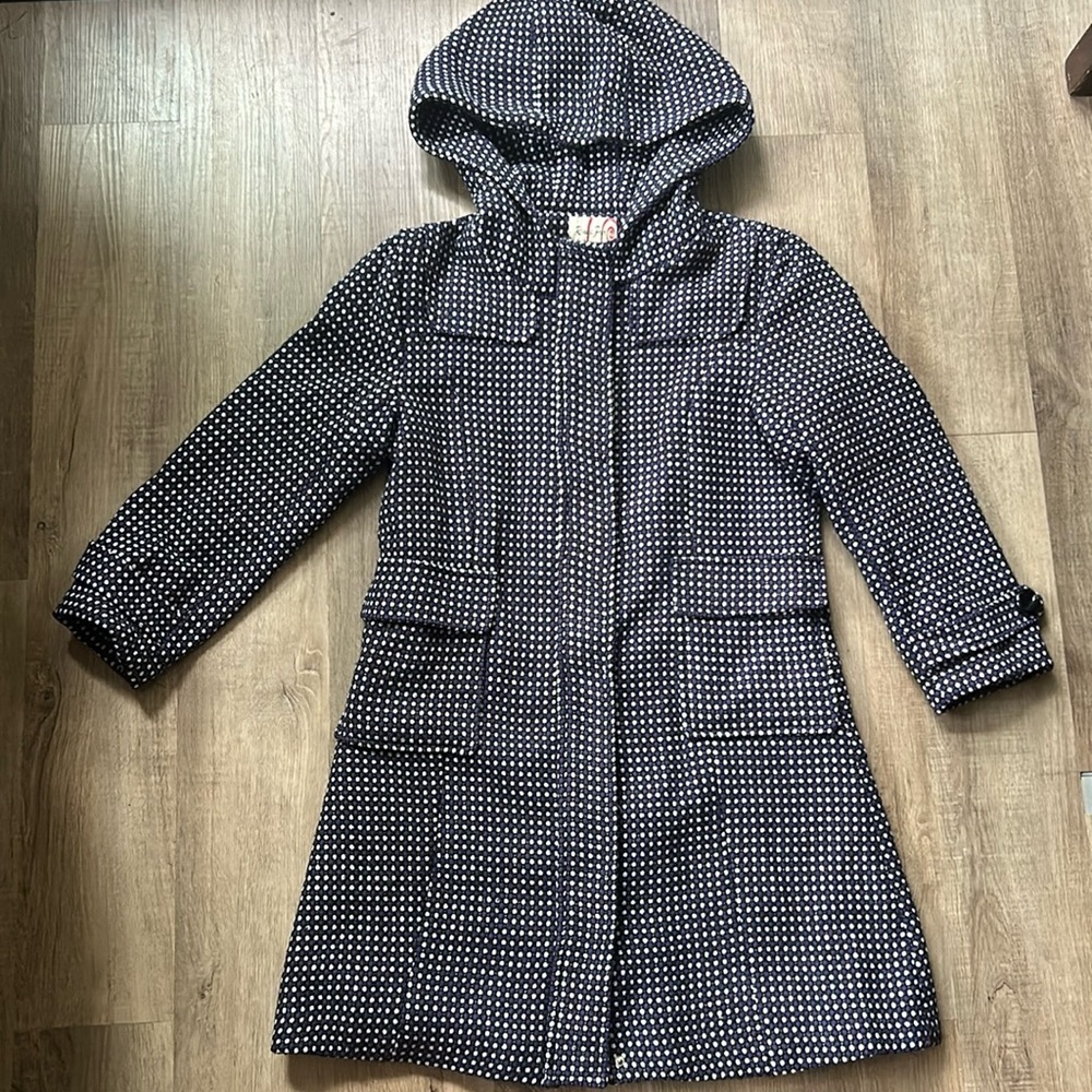 Rouge Par polka dot purple black white long trenchcoat pockets zipper size large
